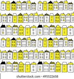 Seamless pattern with houses. windows, roofs, freehand drawing. a child's drawing. Background in the Scandinavian style.