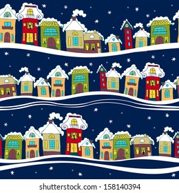 Seamless pattern with houses in winter time. Vector illustration