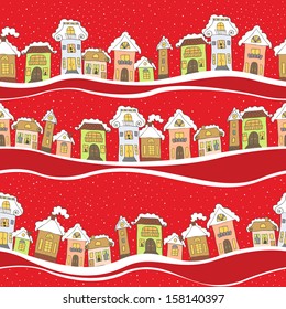 Seamless pattern with houses in winter time on red background. Vector illustration