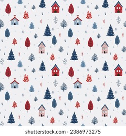Seamless pattern of houses, winter, trees and snow. An excellent holiday product for gifts, paper and textiles. Flat and hand drawn style.