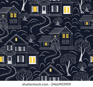 Seamless pattern with houses and winter trees. Vector