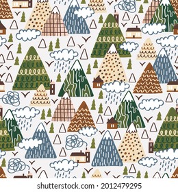 Nahtloses Muster mit Häusern, Bäumen und Bergen. Skandinavische Landschaft. Kinderbild. Vektorgrafik, handgezeichnet.
