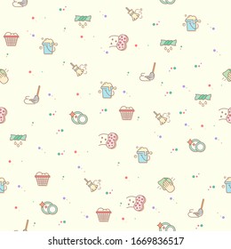 Seamless pattern housework vector illustration. clean, cleaning equipment, duster, peg, squeegee, bucket, laundry, dish washing and other elements. Seamless texture.