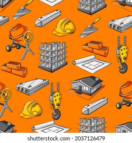 Seamless pattern with housing construction items. Industrial repair or building symbols.