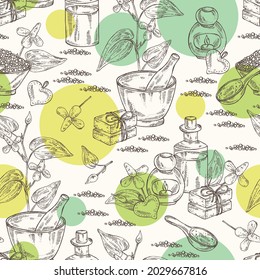 Seamless pattern with houttuynia: houttuynia flowers and leaves. Houttuynia cordata, Oil, soap and bath salt . Cosmetics and medical plant. Vector hand drawn illustration