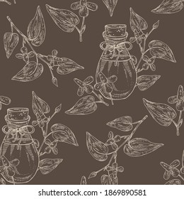 Seamless pattern with houttuynia plant and flowers and bottle of houttuynia essential oil. Houttuynia cordata. Cosmetic, perfumery and medical plant. Vector hand drawn illustration.