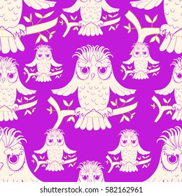 seamless pattern howlet bird with raised wings on purple  vector illustration