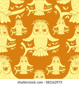 seamless pattern howlet bird with raised wings  on orange vector illustration