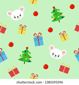 seamless pattern with hristmas tree, gifts and cute mouse on green background - vector illustration, eps