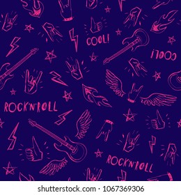 Seamless pattern with hrock and roll signs. Hand drawn background for your design.