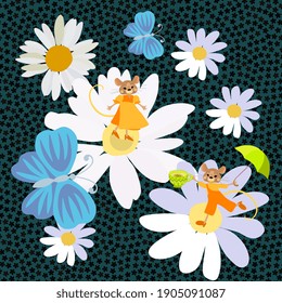 Seamless pattern with huge chamomiles, blue butterflies and little cute cartoon mice against tiny flowers background. Print for fabric, carpet, wallpaper.