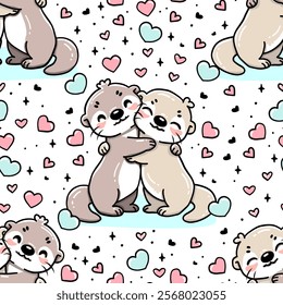 Seamless pattern with hugging otters surrounded by hearts, for valentine love themes, wedding, anniversary, cute animal, romantic backgrounds textile prints gift wrapping paper, special occasions vect