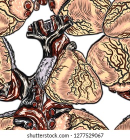 Seamless pattern of human anatomy heart. Black and color engraving isolated on background. Cartoonish silk dress fashion tattoo design Vector. 