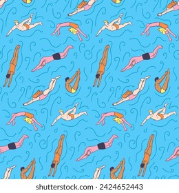 Seamless pattern with human bodies diving in water. Fitness and healthy lifestyle concept. Flat hand drawn male and female silhouettes. Trendy print design for textile, wallpaper, wrapping, background