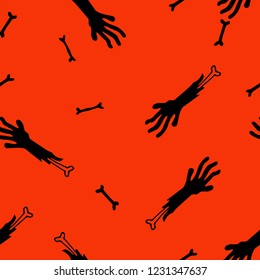 Seamless pattern with human bones silhouettes and zombie hand on red background for Halloween. Vector illustration. Autumn party. Trick or treat. 