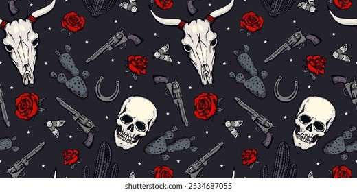 Patrón sin fisuras con cráneos humanos y de vaca con cuernos, revólveres, rosas y cactus. Gráficos de Vector de estilo occidental con huesos y flores para estampados retro.