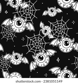 Seamless pattern with human eyeballs, silhouette of spiderweb. Scary black halloween texture wallpaper