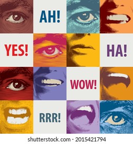 Patrón sin foco con ojos y bocas humanos expresando diversas emociones y gritando Sí, Ah, Wow, Rrr, Ha. Fondo vectorial con fragmentos cuadrados de color. Diseño de papel tapiz, papel de envoltura o tela