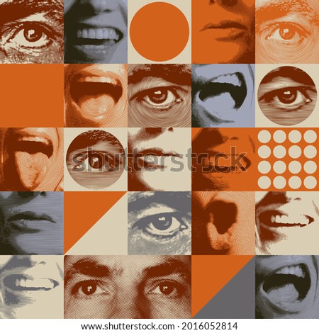 Seamless pattern with human eyes and mouths expressing various emotions-serious, smiling, dreamy, surprised. Colored vector background in retro style. Suitable for Wallpaper, wrapping paper, fabric