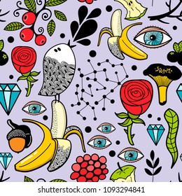 Seamless pattern with human eyes and nature elements. Cartoon vector illustration.  Doodle endless wallpaper with flowers.