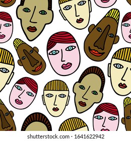 Seamless pattern of human faces in bright colors on a white background. Hand-drawn vector illustration.