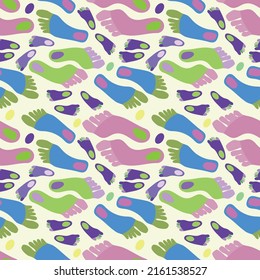 Нand-drawn seamless pattern with human footprint step. Simple design. Green, purple, blue, pink. For textiles, paper, wrapping