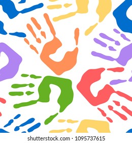 Seamless pattern with human handprints, colorful man hand stamps on white background, vector illustration