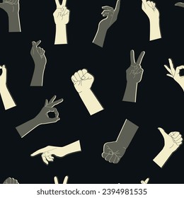 Seamless pattern of human hands with different gestures. Light and dark hand silhouettes on a black background. Vector illustration
