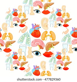 seamless pattern with a human heart organ, lungs, liver, brain, eyes, ears, mouth vector illustration