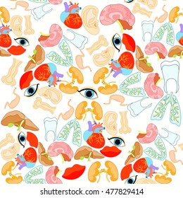 seamless pattern with a human heart organ, lungs, liver, brain, spleen, eyes, ears, mouth vector illustration