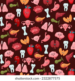 Seamless pattern with human internal organs. Cute cartoon anatomical organs characters on dark background. Vector illustration. For kids collection, design, wallpaper, textile