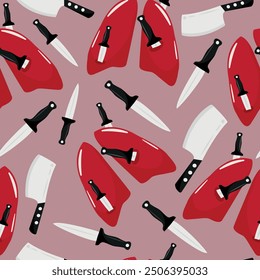 seamless pattern with human lungs with knives in it and simply with various knives, vector