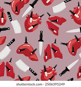 seamless pattern with human lungs with knives in it and simply with various knives, vector