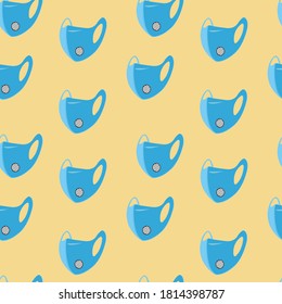 nahtloses Muster für menschliche Maske auf Blau mit Luftbeatmungslöchern auf gelbem Hintergrund / Vektorgrafik
