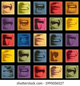 Seamless pattern with human mouths expressing various emotions. Vector background with colored square fragments on a black. Suitable for Wallpaper design, wrapping paper or fabric