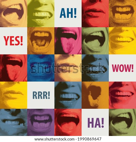 Seamless pattern with human mouths expressing various emotions and screaming Yes, Ah, Wow, Rrr, Ha. Vector background with colored square fragments. Wallpaper design, wrapping paper or fabric