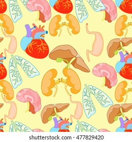 seamless pattern of human organs heart, lungs, liver, kidneys, brain, on a yellow background vector illustration
