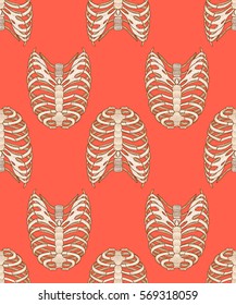 Seamless pattern with human rib cage. Line art style. Boho vector realistic illustration