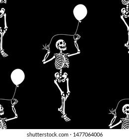 Seamless pattern. A human skeleton with a balloon. Halloween party. Great for greeting cards, invitations, tattoo, for printing on T-shirts and more. Happy Halloween!