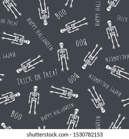 Seamless pattern. Human skeletons isolated on grey background. Happy Halloween pattern. Hand lettering. Background, wallpaper. Vector illustration.