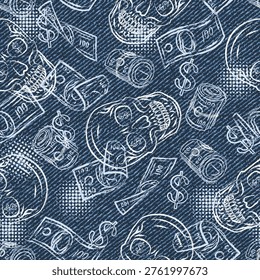 Seamless pattern with human skull, 100 dollar notes, cash money. Outline white illustrations in grunge style on denim textured background. Print for apparel, textile design