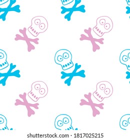 Seamless pattern with human skull and bones. Primitive cartoon style Doodle. Background and texture on theme of Halloween, danger, death, war, poison. For fabric, packaging, party, poster, banner