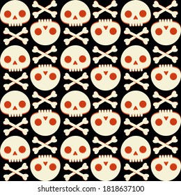 Seamless pattern with human skull and bones. Cute vector halloween ornament in flat style. Stock illustration for wrapping paper, textile, background, wallpaper, scrapbooking.