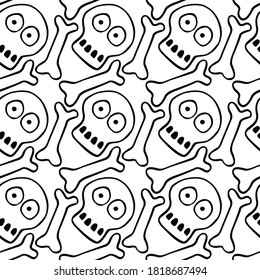 Seamless pattern with human skull and bones. Primitive cartoon style Doodle. Background and texture on theme of Halloween, danger, death, war, poison. For fabric, packaging, party, poster, banner
