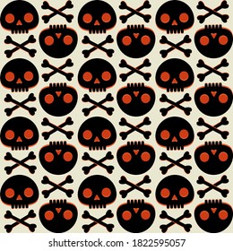 Seamless pattern with human skull and bones. Cute vector halloween ornament in flat style. Stock illustration for wrapping paper, textile, background, wallpaper, scrapbooking.