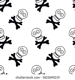 Seamless pattern with human skull and bones. Primitive cartoon style Doodle. Background and texture on theme of Halloween, danger, death, war, poison. For fabric, packaging, party, poster, banner