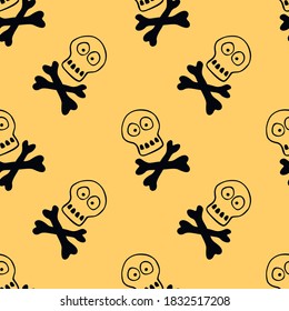 Seamless pattern with human skull and bones. Primitive cartoon style Doodle. Background and texture on theme of Halloween, danger, death, war, poison. For fabric, packaging, party, poster, banner