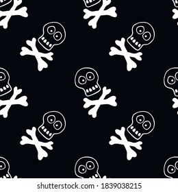 Seamless pattern with human skull and bones. Primitive cartoon style Doodle. Background and texture on theme of Halloween, danger, death, war, poison. For fabric, packaging, party, poster, banner