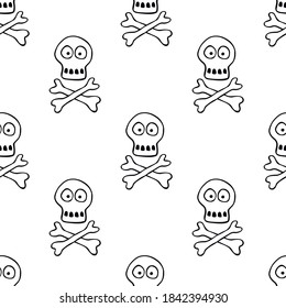 Seamless pattern with human skull and bones. Primitive cartoon style Doodle. Background and texture on theme of Halloween, danger, death, war, poison. For fabric, packaging, party, poster, banner