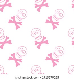 Seamless pattern with human skull and bones. Primitive cartoon style Doodle. Background and texture on theme of Halloween, danger, death, war, poison. For fabric, packaging, party, poster, banner